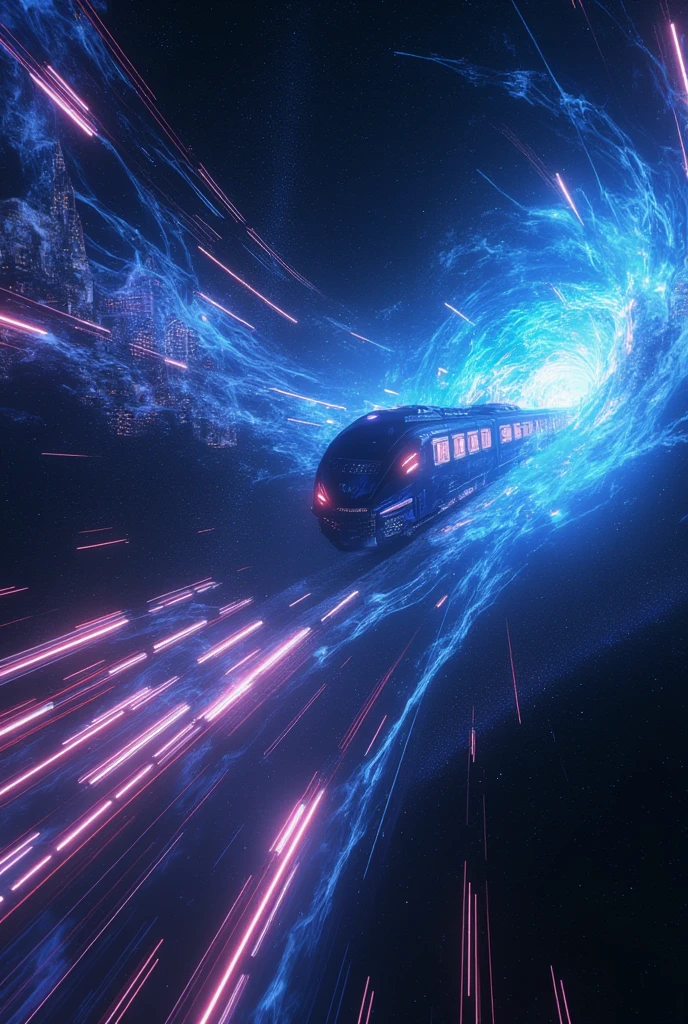 science-fiction, realistic. glowing shadow of cyber-punk train flying in the cosmic space very spirally and dinamically and breaking many layers of the dimension, with many beautiful light trails spiraling. many historical landmarks in the world are displayed in the air holographically. motion blur.very dynamic scene.