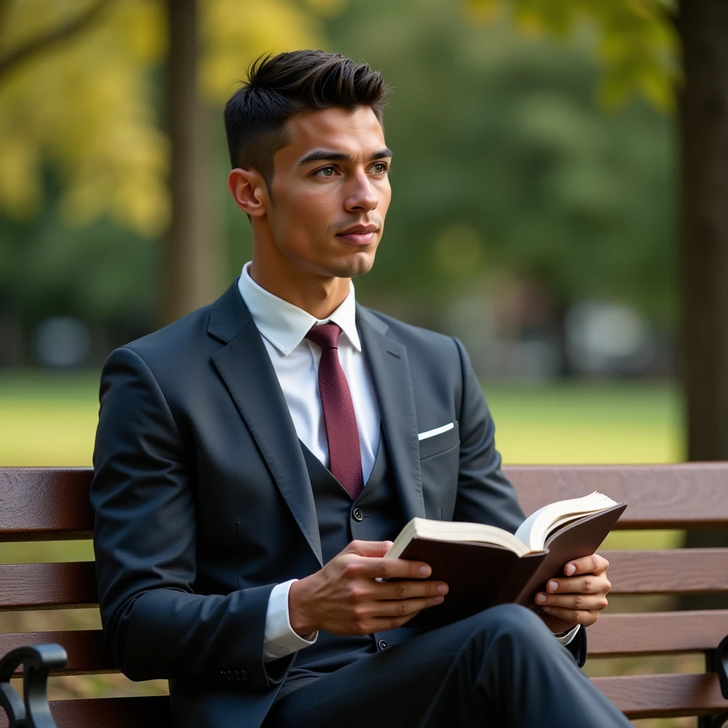 Ronaldo in a suit, small head, extremely detailed skin, reading book on park bench, blurred background.