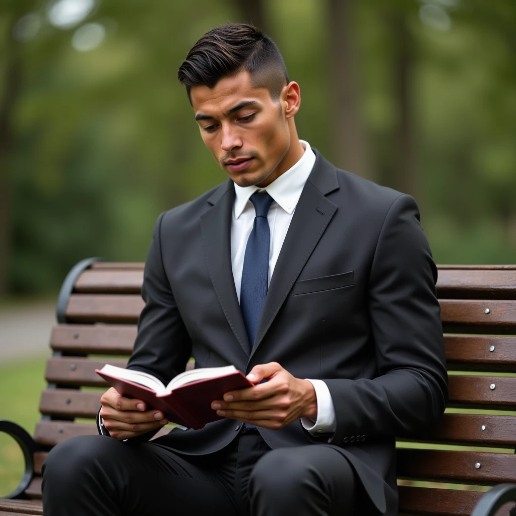 Ronaldo in a suit, small head, extremely detailed skin, reading book on park bench, blurred background.