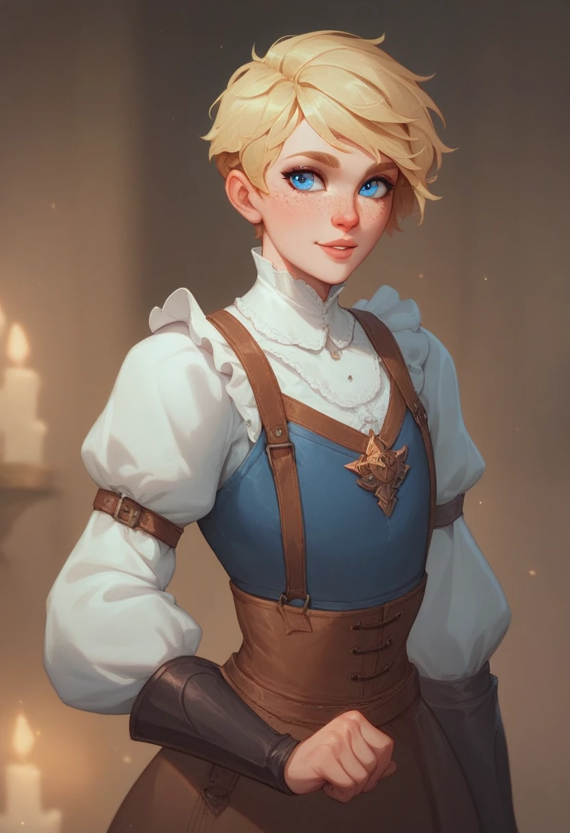 androgynous male, twink, blonde hair ((short cut)), fair skin ((freckles)), blue eyes, golem maker, artificer, medieval fantasy