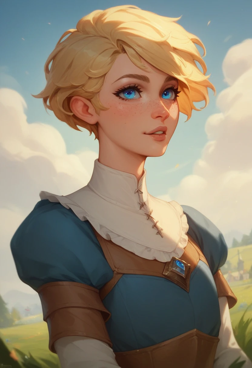 androgynous male, twink, blonde hair ((short cut)), fair skin ((freckles)), blue eyes, golem maker, artificer, medieval fantasy