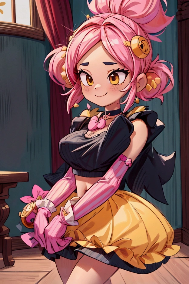 "Masterpiece, best quality, 1 girl melodie brawl stars, pink hair, big bow, elbow gloves, black crop top, fur stole, choker, standing indoors with intricate details and sunlight. black orange and yellow frilled long dress striped with short neckline, Sweet smile, sexy pose, coquette, beautiful legs, mature body, gorgeous, pronounced breasts