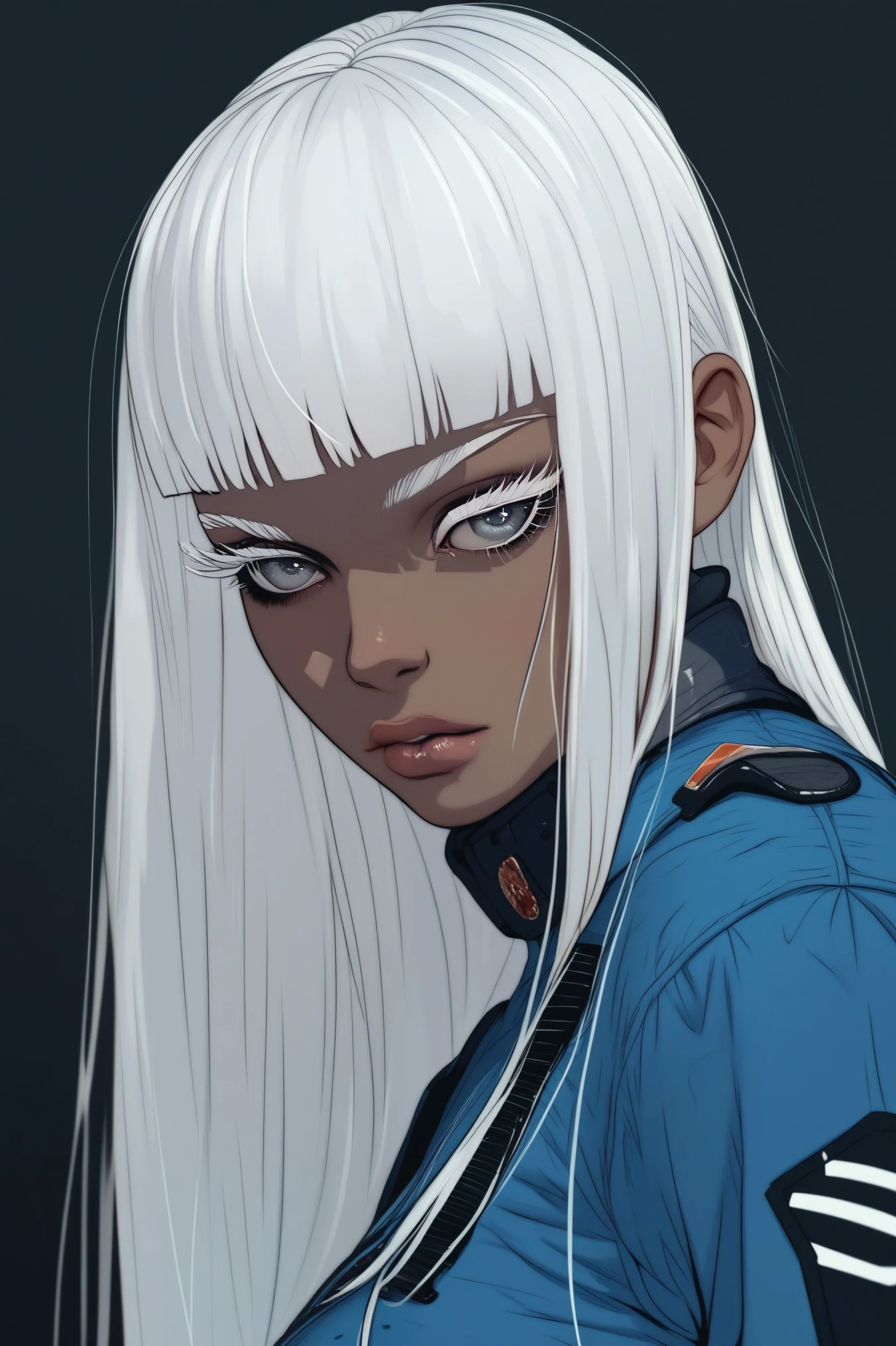 score_9, score_8_up, score_7_up, score_6_up, score_5_up, score_4_up. By sinozick, highly detailed, 4k. BREAK 1girl, pretty girl, brown skin, white hair, white eyelashes, grey eyes, Hime cut, blue army general outfit, long hair, detailed eyelashes, solo, standing,