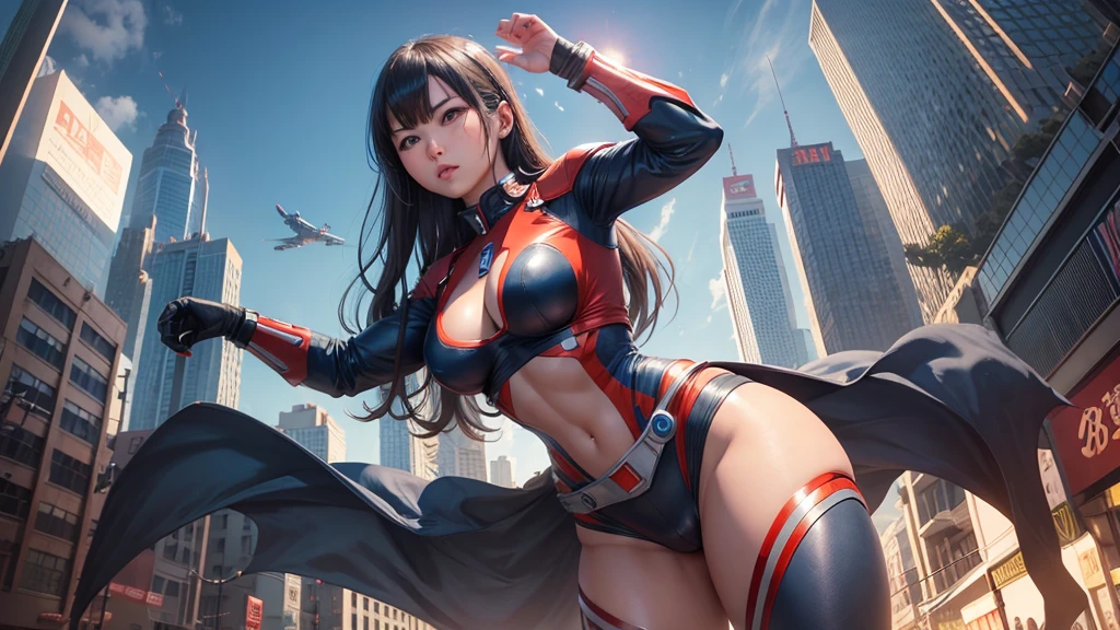 NSFW、((flat chest))、((Rogel))、(((Photo from the front of the body)))、highest quality、best image quality、masterpiece、Creating Japanese Women, Day Park Bench, black shiny hair, 15 year old student, Ponytail hair with bangs, Blue eyes and Igamem Realistic RAW 8K, The top of a skyscraper shining in the blue sky, Lens Tips, superman, ((Uniform style separate costume for athletics))、(((No sleeve)))、supermans super garment is metallic blue、abs、(((Small red metallic panties))), (((High leg)))、(Erect nipples)、(((camel toe:1.4))), bulge in pants, female pervert々Lion Junior,　(embarrassing)、blush, ((Sweat)), superman symbol on background、((((squatting on the ground))))、(((squat)))、((((Open your crotch wide from side to side)))), (((Please spread your legs and show me)))、(((Long boots in red metallic　stiletto heels)))、(((arm behind head)))、(show off your armpits)、look at the audience、Please show your crotch to the viewer、professional photography、professional lighting、natural soft light、