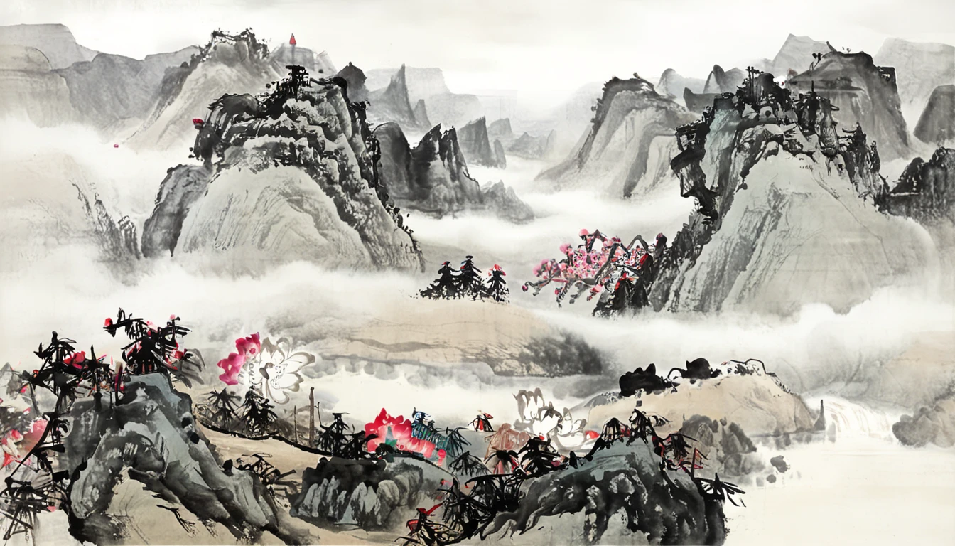 Ink画，Ink painting,Chinese Painting，qi baishi,Dong Xiwen , Pastoral Scenery of Northern China ，在丘陵山道两旁开满了的Flowers，（Flowers：1.1），（ flower bud ：1.4）， flowers blooming, There are mountains of northern China in the distance ， Many visitors walk on the curved path， official art ，羊皮纸水彩Ink画，水彩Ink，Ink，Ink画，（（Simplicity）），Simplicity，Minimalism，Beige gray ，White background，Mist，Distant Mountains，Ink风格，Ink画，Rice paper texture，clean，No text，Untitled ， light white light gray 