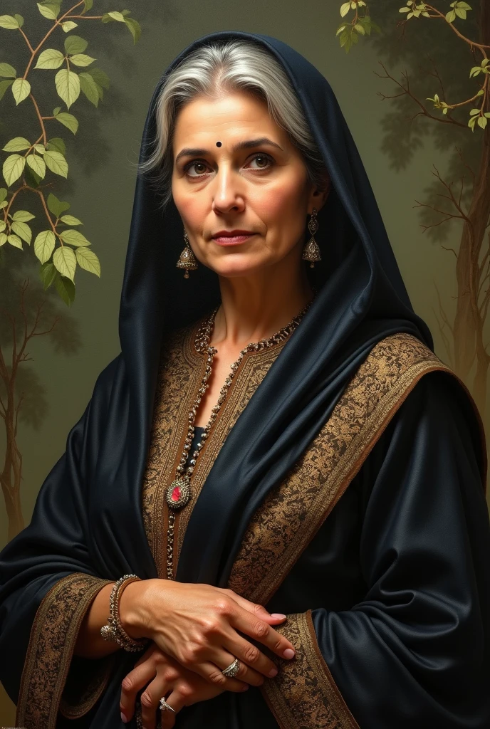 hyper-realistic, portrait, 70-year-old Arabic woman in hejab and a stunning dark blue dress adorned with intricate jewelry, gray hair and wrinkles, forest background