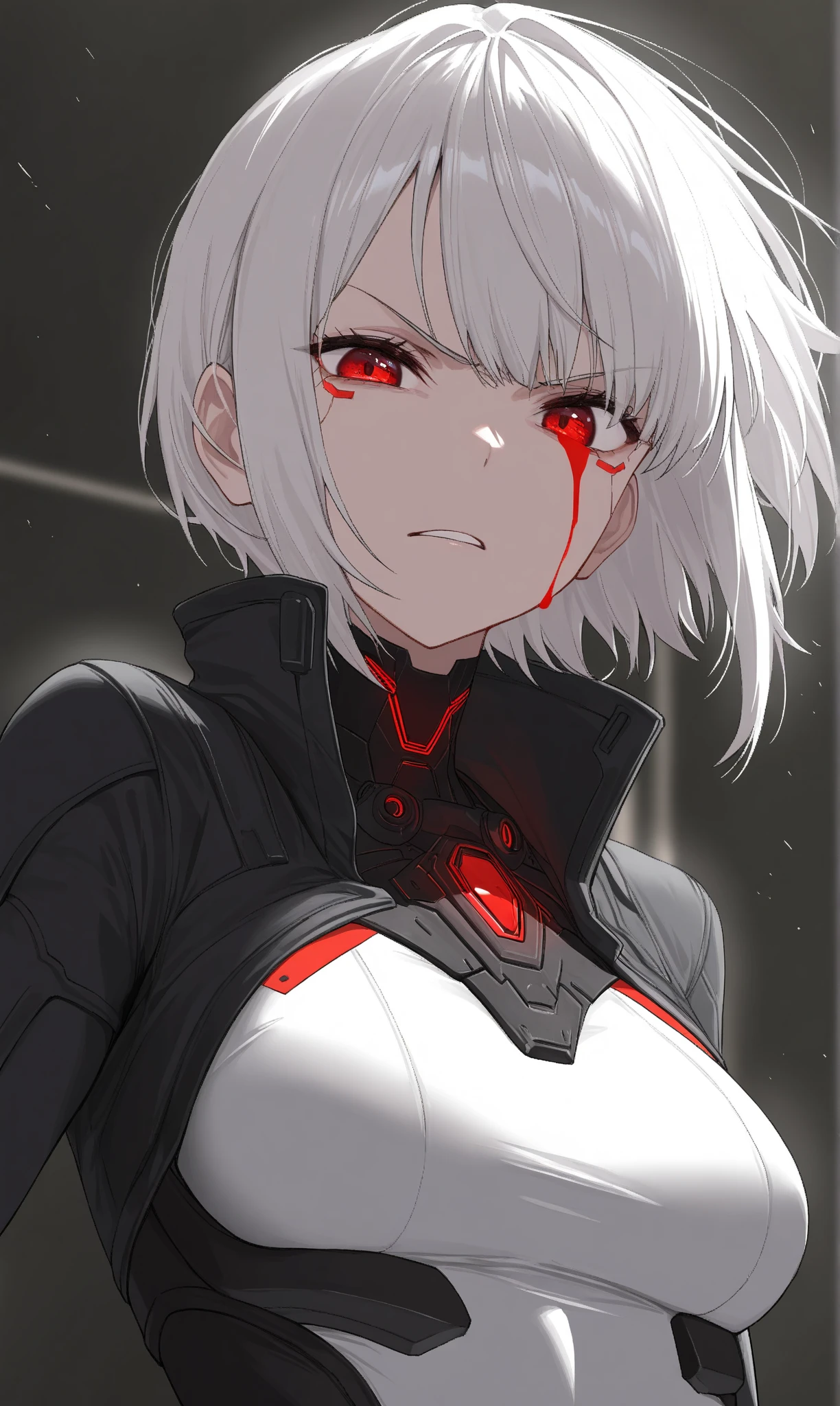 1girl, Solo, High Resolution, Masterpiece, Best Quality, High Details, Quality, High Quality, HD, Quality, Super Detailed, UHD, Anatomically Correct, Red Eyes, Glaring, Short Hair, White Hair, red blood eye, fighting red blood cyberpunk bodysuit 