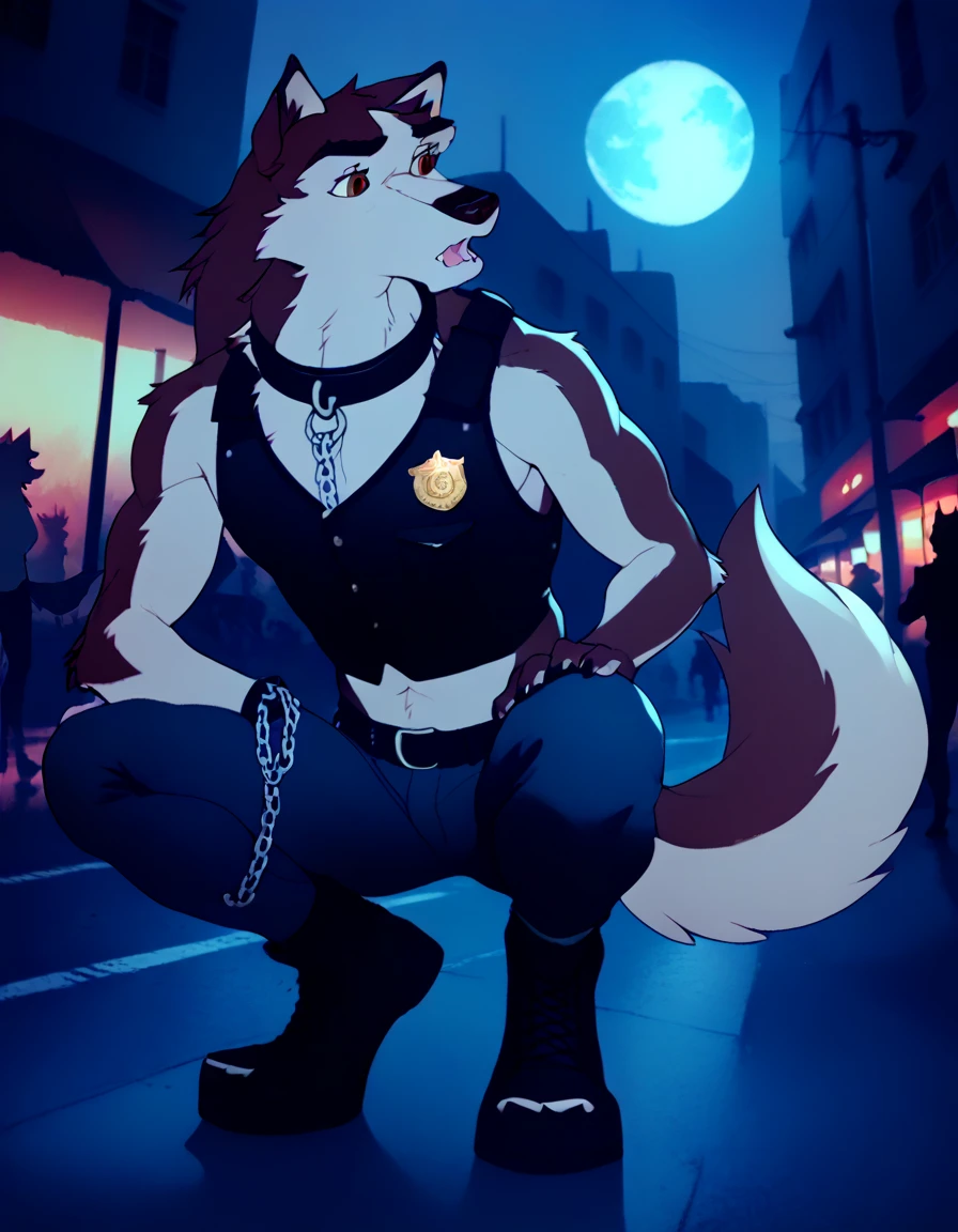 a very long haired, anthro, furry, wolf, wearing a black police safety vest, harness, chain collar, badge on chain collar, patrolling the streets of the city, night, full moon, long slender snout, crouching, hands on the ground,
 