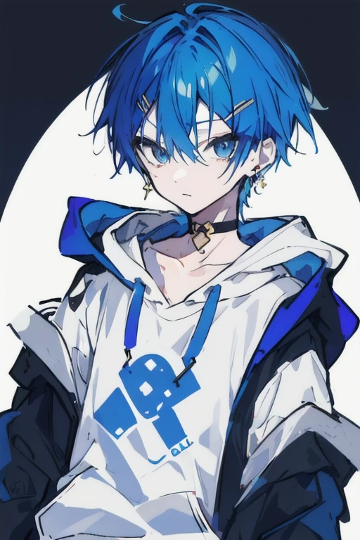 Boy Wearing blue jacket, light blue hair quite long, having separate color eye in the Right and red in the left then have a scar on in the left eye, wearing cross necklace.