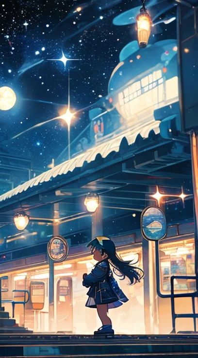 Starry Night,A train that transcends time and space, (Galaxy Express 999:Time Jumping), cute, Chibi character,  owl under guard，At the station platform,  back view, Ultra Wide Angle, Sparkle Effect,   best quality , 