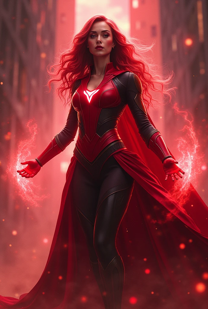 Female super hero, outfit inspired in comics Scarlet Witch, mystic background, brown long hair, red mage power, brown eyes, realistic art, mature hero, hero pose