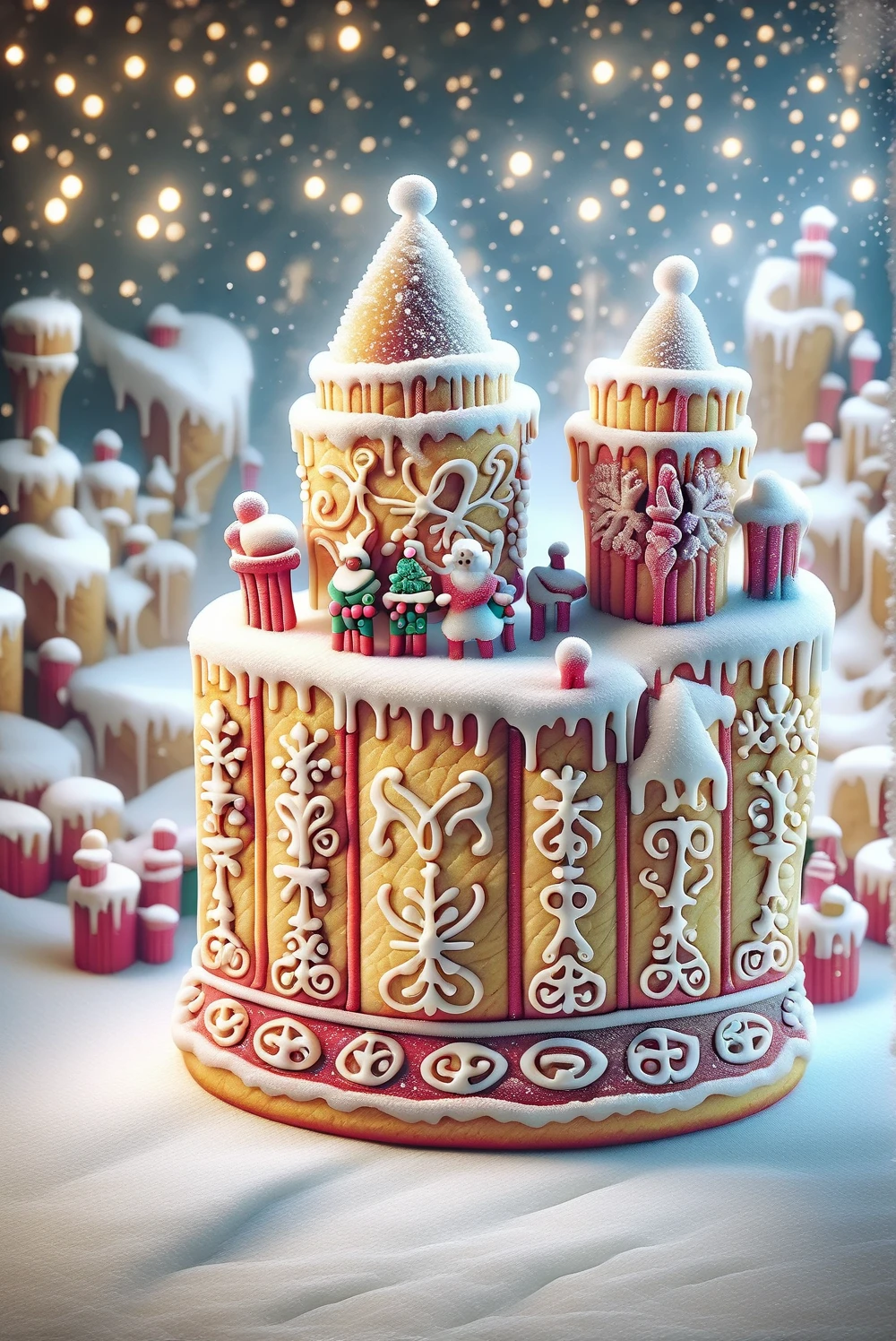 Sugar biscuit style, tiny Christmas village, (top,:1.2) Miniature village, stands on a festively decorated table, Coloured lights, icing sugar snow, chocolate reindeer