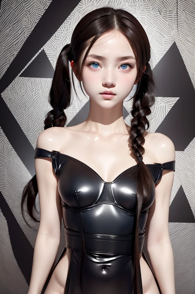 Geometric pattern background:1.2, Looking at Viewer, Cinematic lighting, latex sticks to the skin, softlight, High resolution skin:1.2, Realistic skin texture, 14years、a small face、no-makeup、, off shoulders,Bust B Cup、Small cleavage, Blue eyes, Braided pigtails, dark brown  hair、Bold poses、Geometric pattern background