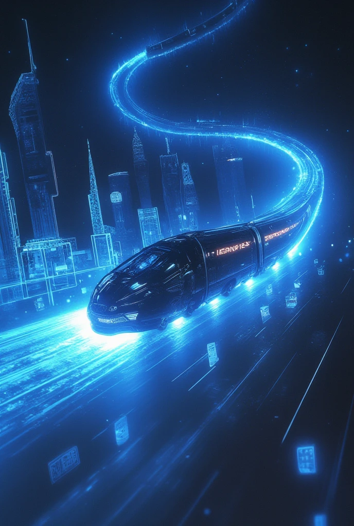 science-fiction, realistic. glowing shadow of cyber-punk train flying in the cosmic space very spirally and dinamically and breaking many layers of the dimension, with many beautiful light trails spiraling. many historical landmarks are displayed in the air holographically. motion blur.very dynamic scene.