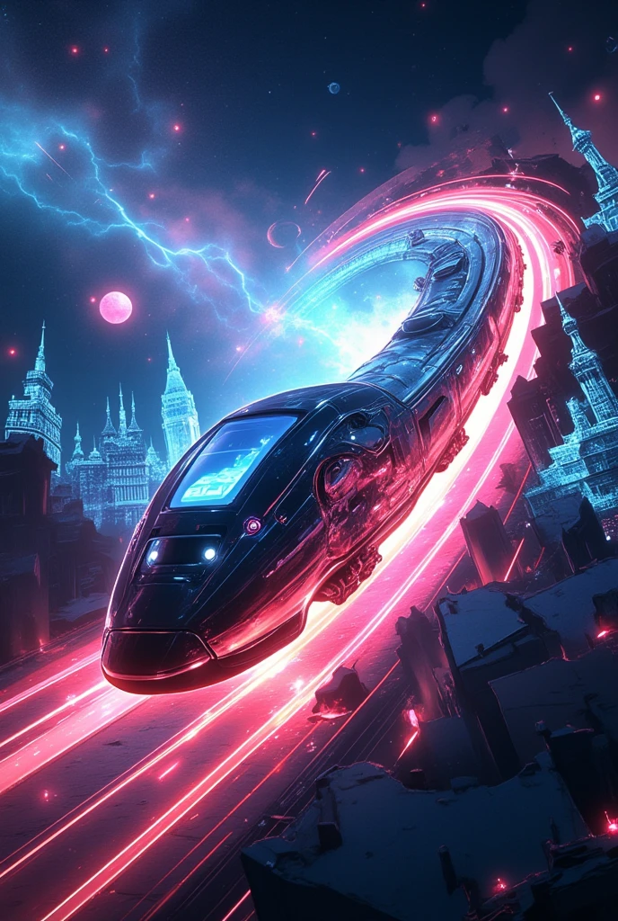 science-fiction, realistic. glowing shadow of cyber-punk train flying in the cosmic space very spirally and dinamically and breaking many layers of the dimension, with many beautiful light trails. many historical landmarks are displayed in the air holographically. motion blur.very dynamic scene.niji style