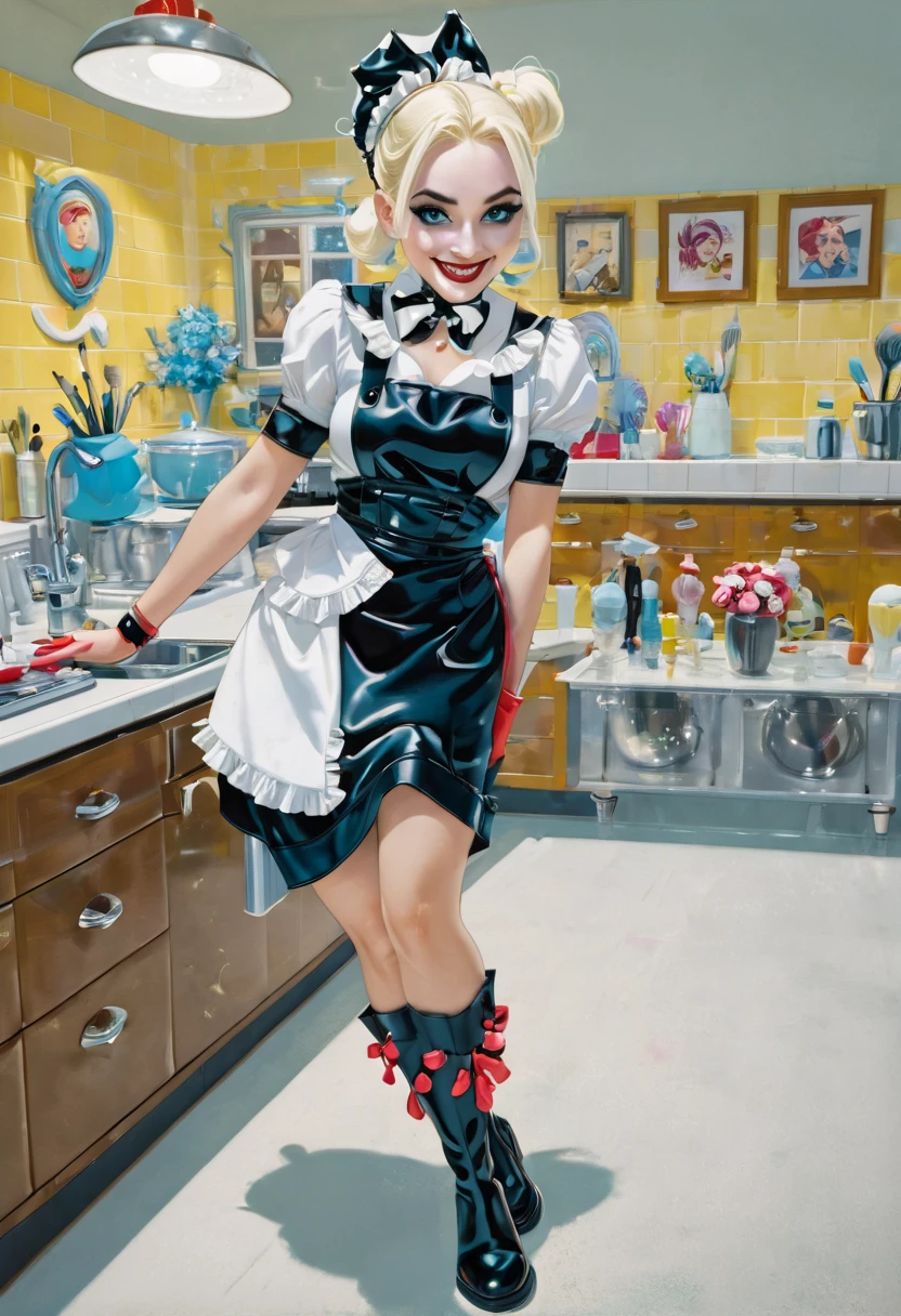 The image features a playful and cheeky Harley Quinn dressed as a housemaid, captured from a rear angle. She has her iconic two-tone hair—one side platinum blonde and the other black—with her hair styled in pigtails. Her maid outfit is a mix of classic maid attire and her signature colorful flair, with a ruffled black skirt and a tight-fitting top that accentuates her curves. The scene is set in a bright, cheerful kitchen filled with cleaning supplies and whimsical decor, reflecting Harley's vibrant personality. Her playful pose highlights her cheeky attitude, with her backside prominently displayed as she looks over her shoulder with a mischievous smile, embodying her fun-loving and unpredictable nature.