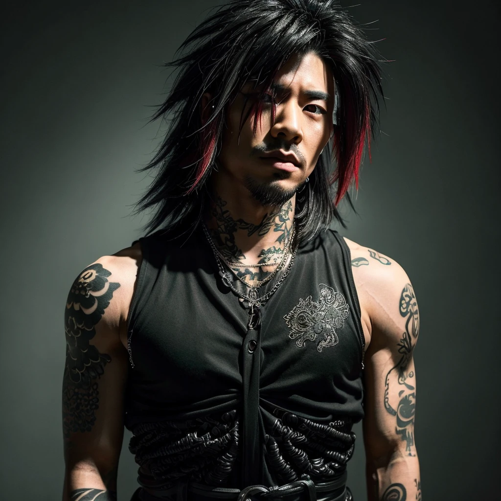 1 man, Japanese man, male, Asian eyes, muscular, broad shoulders, yakuza tattoos, hairstyle Visual Kei style, hair Visual Kei, black men's shirt and black pants, ultra detailed face, hyperrealistic, realistic representation, long hair, long hair, 30 years old, age 30 years, blonde hair