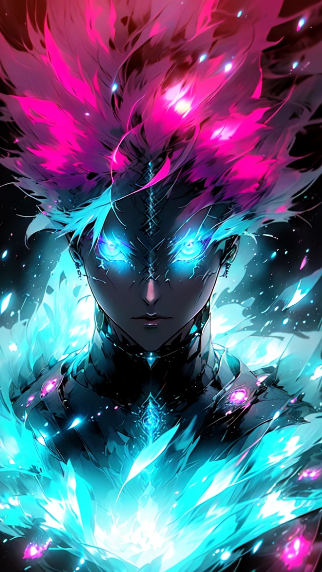 A humanoid boy with a cracked cyan face and red eyes, in the style of twisted branches, made of insects, burning/ charred, technological design, supernatural creatures, realistic human figures, subsurface fireflies, burning blue cotton hair,Cool boy,Mechanical body