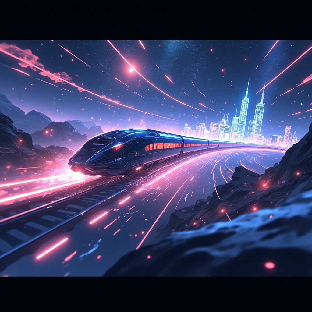 science-fiction, realistic. glowing shadow of cyber-punk train flying in the cosmic space very spirally and dinamically and breaking many layers of the dimension, with many beautiful light trails. many historical landmarks in the world are displayed in the air holographically. motion blur.very dynamic scene.niji style