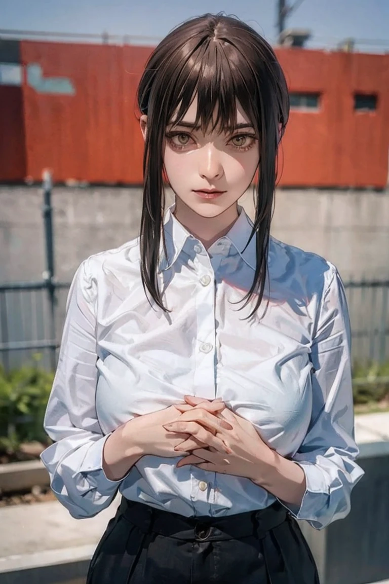 ( Front View ) Woman standing with her hands together in front of her chest, ( shirt,  ties, pants:0.5) (Realistic detailed face), ((( High Details ))), zoomed out, Symmetrical face, Detailed Students, 's expressive eyes , compensate, Real Photo, Contemporary look, Real Photo (Realistic:1.5)
