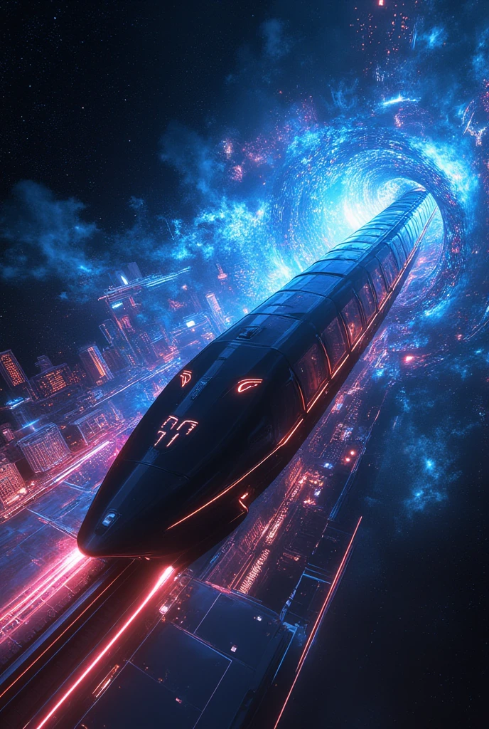 science-fiction, realistic. glowing shadow of cyber-punk train flying in the cosmic space very spirally and dinamically and breaking many layers of the dimension, with many beautiful light trails spiraling. many historical landmarks in the world are displayed in the air holographically. motion blur.very dynamic scene.