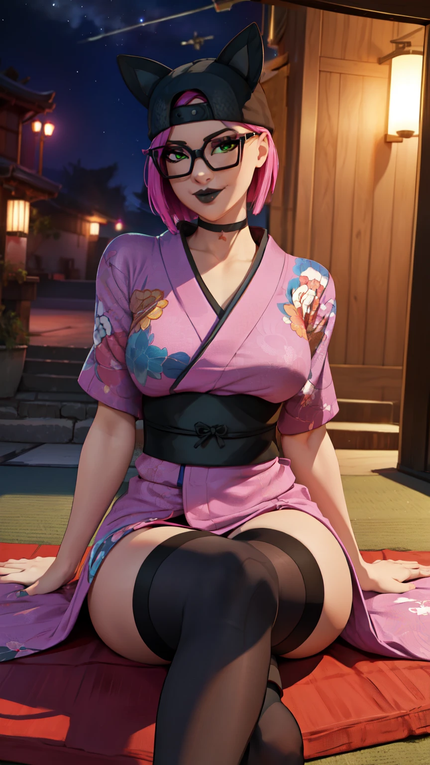 lince , Japanese yukata dress with big white stockings, pussy sex,gafas, Noche ,Extremadamente detallado, rostro detallado ,hermoso rostro, ojos finos, looking back at the viewer , pose femenino.