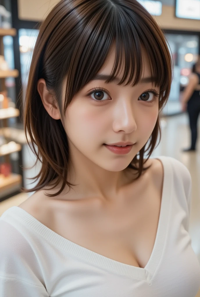 (masterpiece,  best quality:1.2),  1 Japanese girl , Alone, (( super cute face like a top idol wearing a sleeveless dress)),  beautiful model、 smaller breasts, glossy black medium hair ,( white off-shoulder sweater), (At a fashionable shopping mall in the city)、 upper body, 