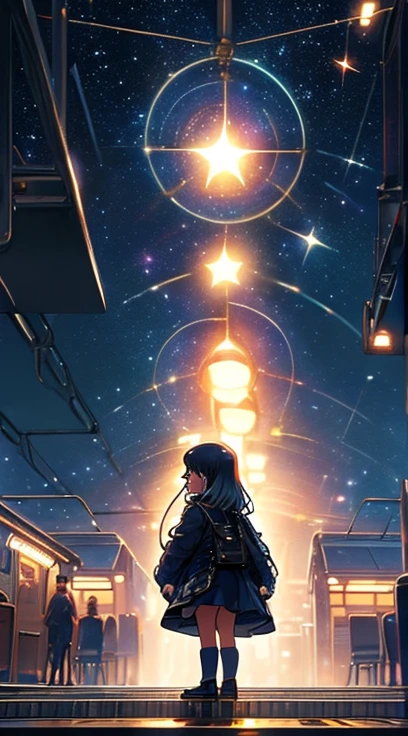 Starry Night,A train that transcends time and space, (Galaxy Express 999:Time Jumping), cute, Chibi character,  owl under guard，At the station platform, Galaxy Express 999に乗る， back view, Ultra Wide Angle, Sparkle Effect,   best quality , 