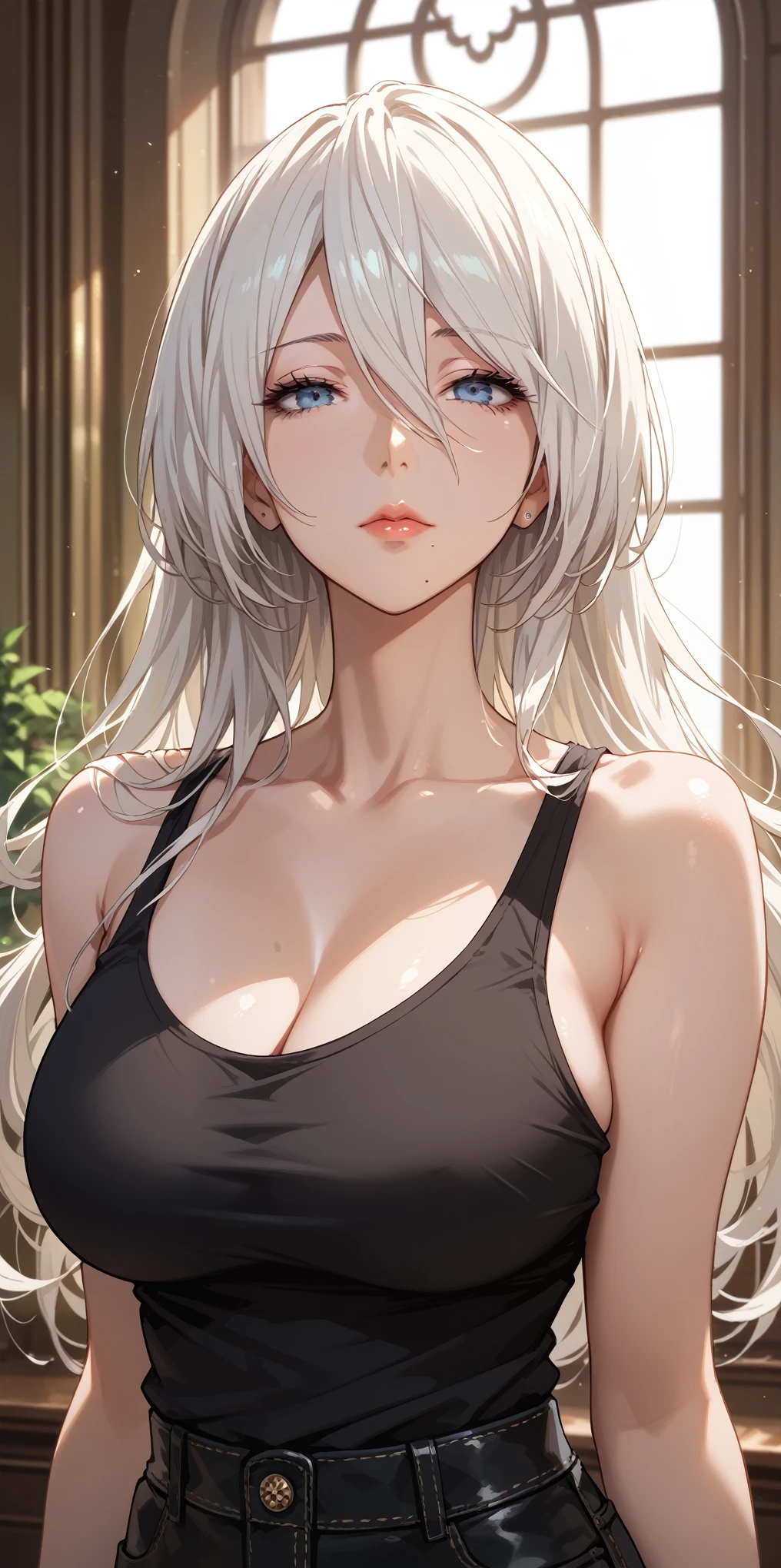 Score_9, Score_8_up, Score_7_up, Source_anime, anime art, anime style, very aesthetic, masterpiece, high quality, 1girl, cool character, mature woman, milf, curvaceous, mole under mouth, black tank top, short pants, white hair, long hair, hair between eyes, expressionless, upper body, 2b, yorha no. 2 type b