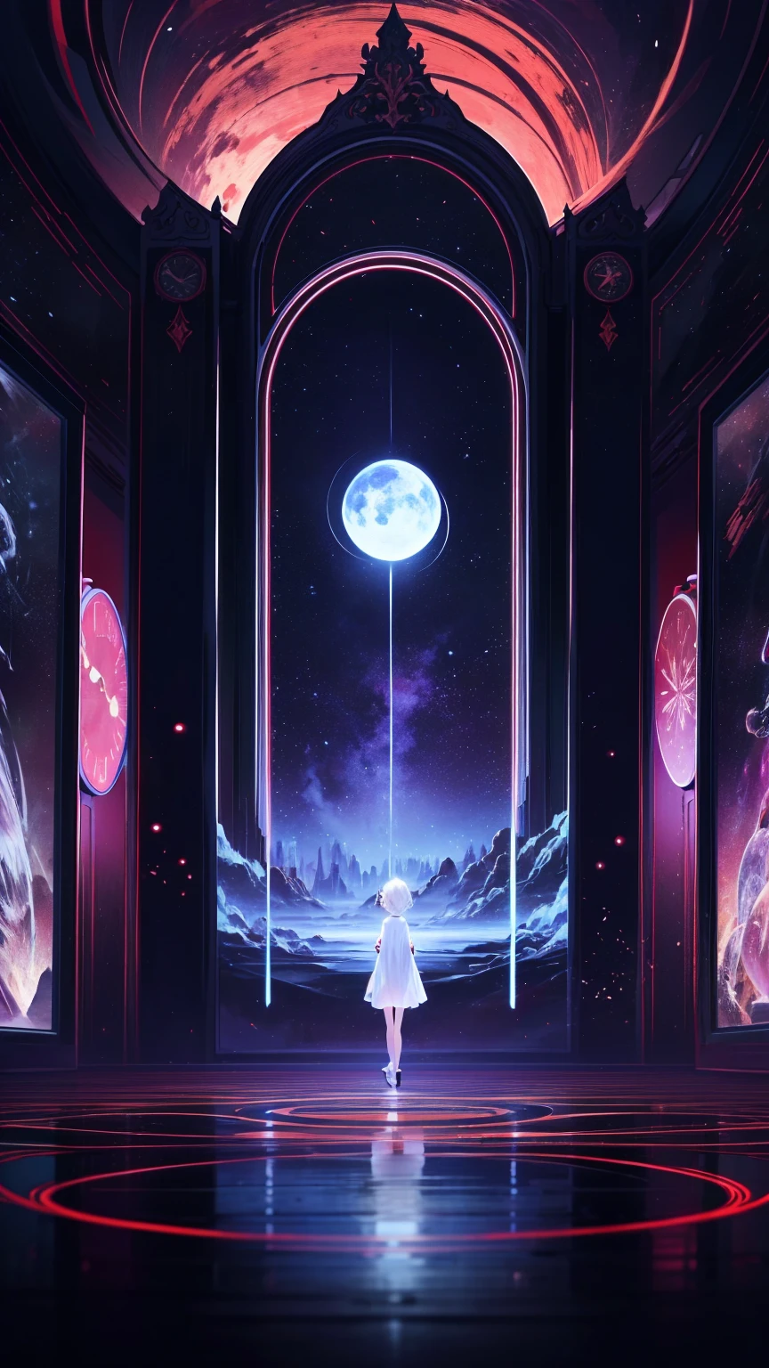 Create an illustration of a fantastical space filled with countless intricately crafted clocks.. Each watch exudes nostalgia and wonder, The overall look creates a fascinating and nostalgic atmosphere.. These clocks are floating in a space-like void.,  Creates a fantastical atmosphere,  . Standing at the center of this enchanting scene, A lonely young girl, Her presence、Adding innocence and curiosity to the space. The wonder of her big eyes、Reflects the magical essence of the scene, The whole illustration looks dreamy and charming..
