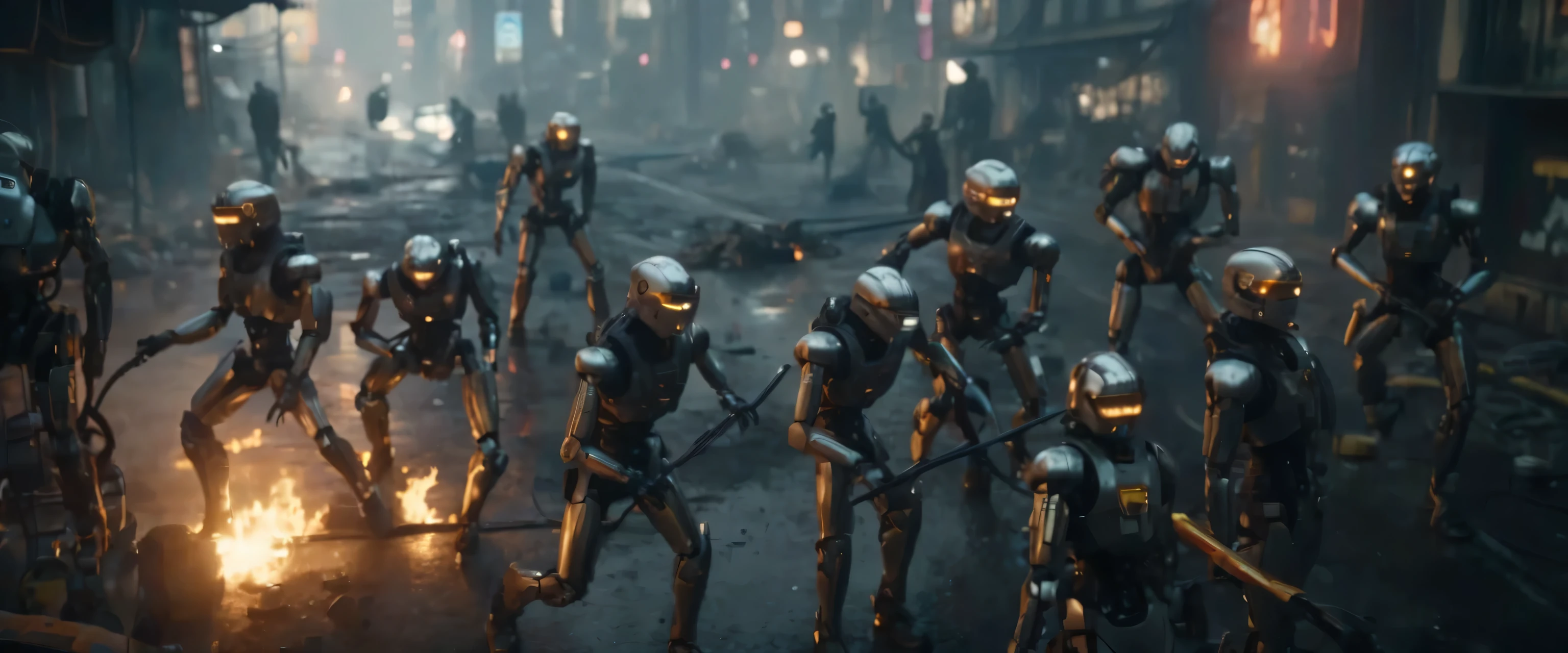 10 humanoid robots  with a sleek metal body and joints, mixing shiny and matte finishes. Each robot is wearing a distinctive helmet-like headgear and holding a long pole to suppress protesting men. A crowd appears in the background, showing an apocalyptic future. cyberpunk megalopolis, burning streets below, dystopian atmosphere, lens flare,  motion blur effect, highly detailed, cinematic lighting, 8k, realistic, blade runner style, ultra wide, Dron view --ar 16:9 --style cinematic