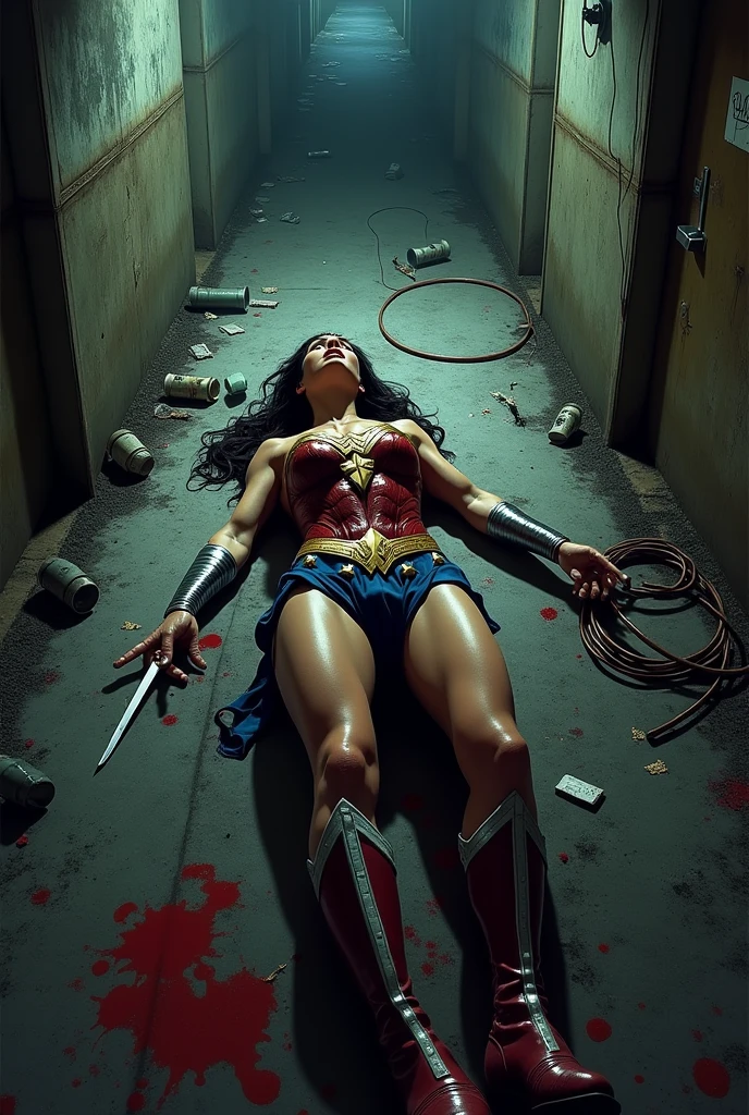 8k, best quality, real picture, intricate details, ultra-detailed, ultra highres, depth field,(photorealistic,realistic:1.2), masterpiece,photo of 1girl, wonder woman, wounded, superhero, lying, on back, realistic, ripped bodysuit,  (dirty, bruise,blood:1.3), black hair, lips, long hair, solo, (revealing ripped clothes, torn clothes:1.3), ruined city background, moody and melancholic atmosphere with black background by lee jeffries, nikon d850, film stock, photograph 4 kodak portra 400 camera f1.6 lens, rich colors, hyper realistic, lifelike texture, dramatic lighting, unreal engine, trending on artstation, cinestill 800 <lora:WonderWoman:1>