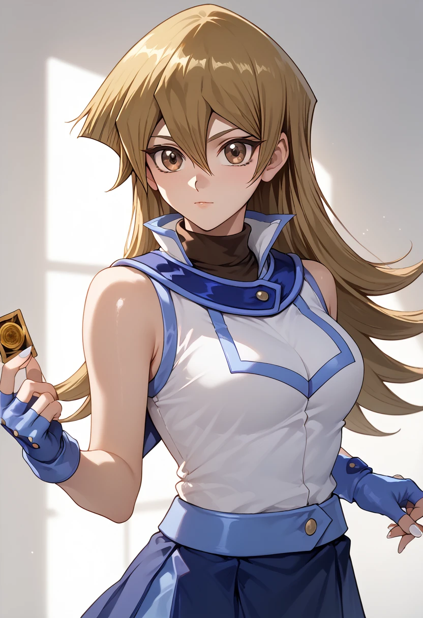 tenjouin asuka, yu-gi-oh!, duel academy uniform \(yu-gi-oh! gx\), brown eyes, long hair, blonde hair, brown hair, hair between eyes, straight hair, shiny skin, nail polish, fingernails, white nails, shirt, skirt, gloves, bare shoulders, school uniform, white shirt, sleeveless, miniskirt, fingerless gloves, blue skirt, sleeveless shirt, turtleneck, blue gloves