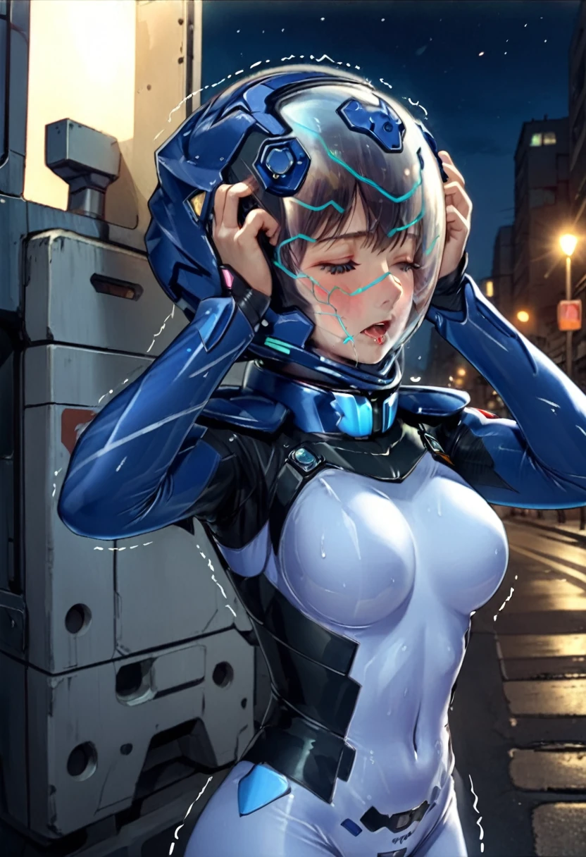 short hair, street, emo, BLACK hair, white eyes, eyeliner, apocalypse, (astronaut, girl, road, city, fortified suit, ((blue:1.5) plugsuit), short hair, outdoors, cinematic light, medium breasts, covered navel, space helmet, muvluv, space helm, eva helmet,[legs bent, ,ahegao, rolling eyes,saliva, drooling, sweat, trembling, HARD TO BREATH,, (hands up:1.6), (holding head:1.7), upper body,hands above head, close eyes, from side