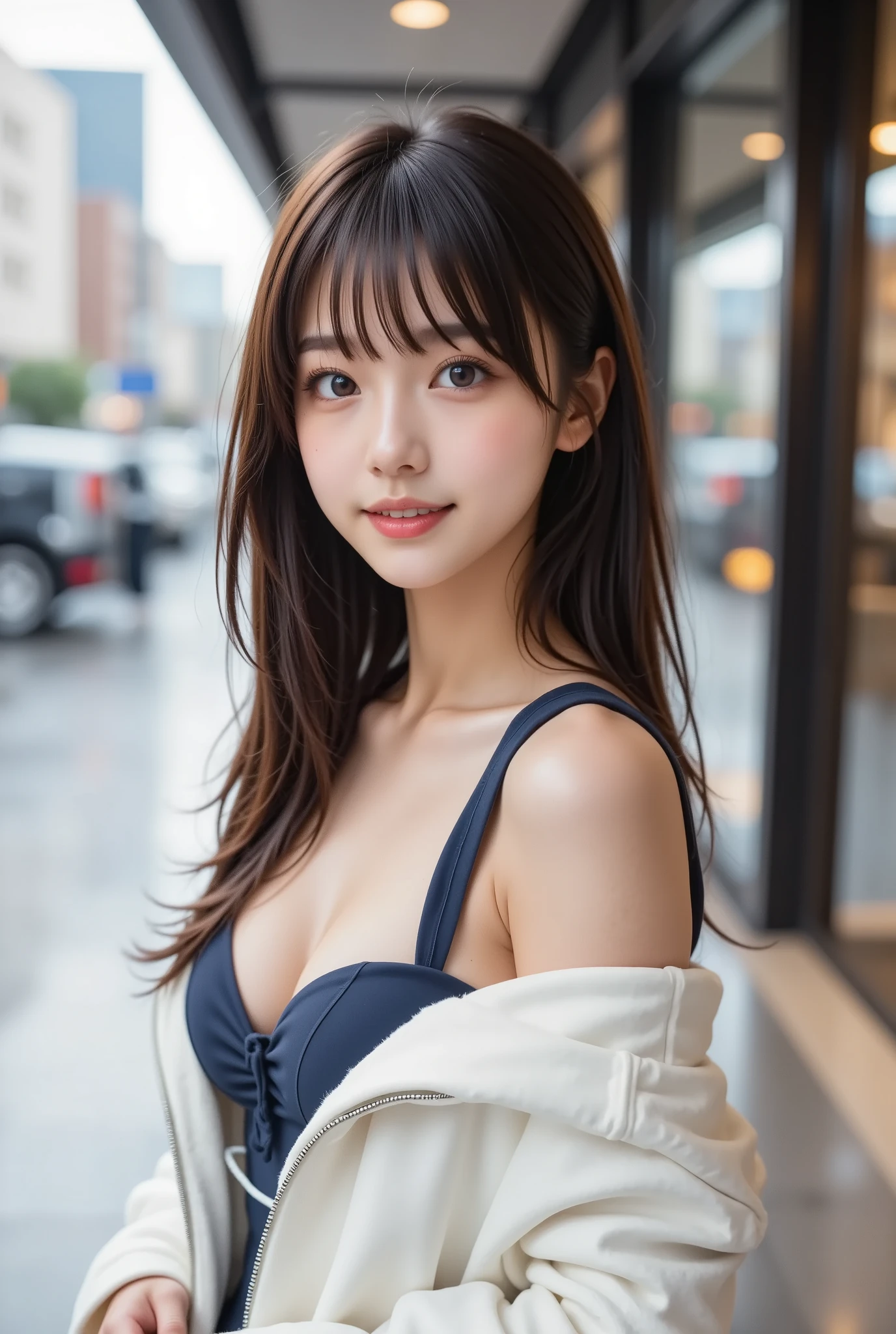 (masterpiece,  best quality:1.2),  1 Japanese girl , Alone, (( super cute face like a top idol wearing a sleeveless dress)),  beautiful model、 smaller breasts, glossy black medium hair ,( white off-shoulder sweater) (At a fashionable shopping mall in the city)、 upper body, 