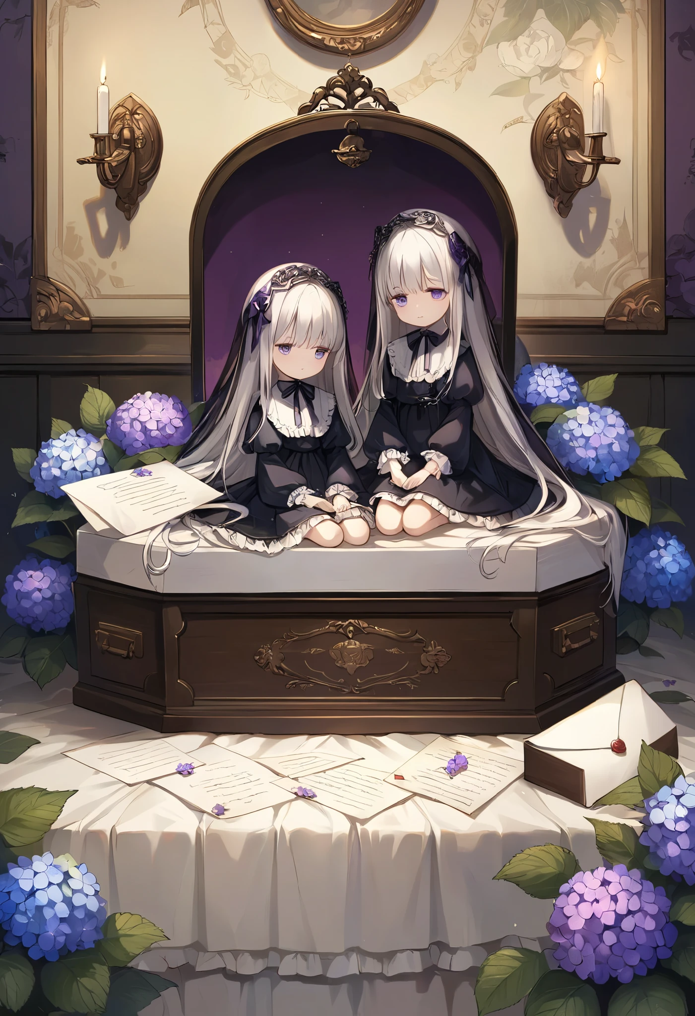 illustration, best quality, melancholic and symbolic composition, two twin dolls seated side by side on an ornate cradle-like coffin, one adorned with violet flowers, the other with hydrangeas, dim candlelight casting soft shadows, a letter with poetic words placed nearby, quiet and solemn atmosphere, background of a dark, antique room with faded wallpaper, delicate details on the dolls' dresses, air filled with a sense of mourning and fragile beauty
