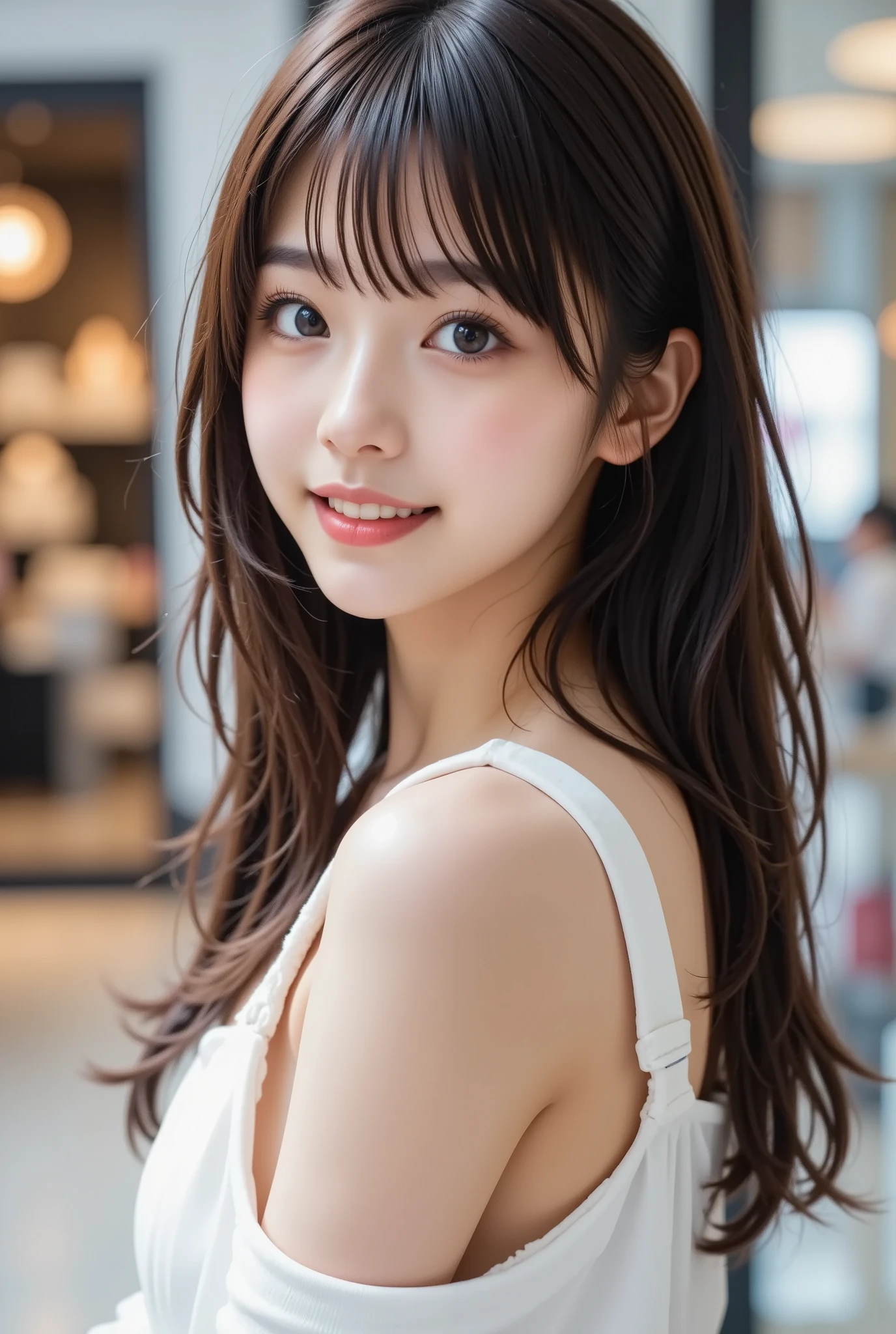 (masterpiece,  best quality:1.2),  1 Japanese girl , Alone, (( super cute face like a top idol wearing a sleeveless dress)),  beautiful model、 sexy,  smaller breasts, Glossy black hair straight hair ,( white off-shoulder sweater) (At a fashionable shopping mall in the city)、 upper body, 