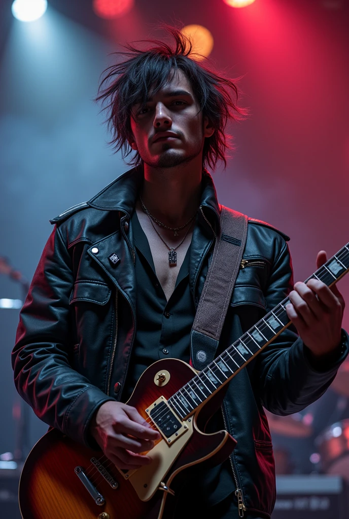 male metalhead, smoking cigarette, concert, alone, leather jacket, ripped jeans, headbanging, black and white