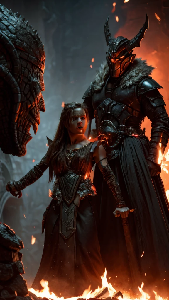 A dragonborn immobilizing a faceless female next to a standing throne, while the two are literally on fire.