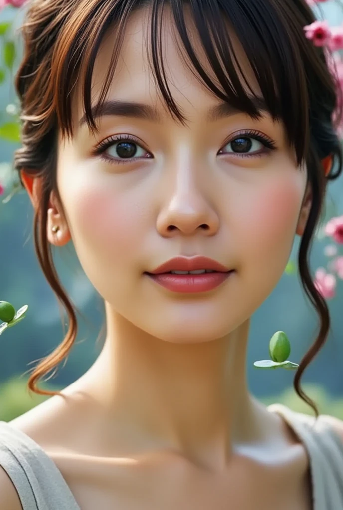 Digital photography with intricate detail, high definition photography, surreal digital photography by Jeremiah Ketner, Charlie Bowater, Stanley Artgarm, Thomas Sariot, J. Scott Campbell, shallow depth of field, blend of realistic reality and fantasy world, bokeh, ultra close-up of realistic Asian woman's face, fantastical image full of extreme beauty