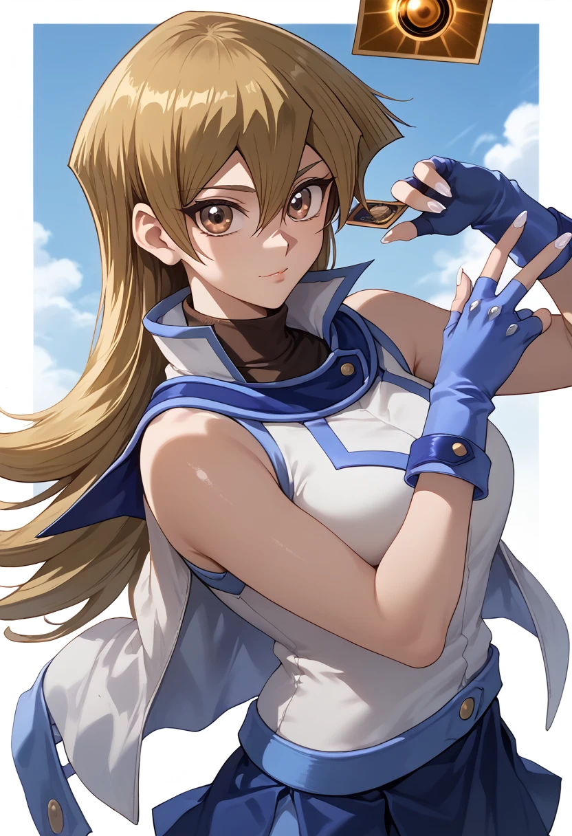 tenjouin asuka, yu-gi-oh!, duel academy uniform \(yu-gi-oh! gx\), brown eyes, long hair, blonde hair, brown hair, hair between eyes, straight hair, shiny skin, nail polish, fingernails, white nails, shirt, skirt, gloves, bare shoulders, school uniform, white jacket, open jacket, black undershirt, sleeveless, miniskirt, fingerless gloves, blue skirt, sleeveless shirt, turtleneck, blue gloves