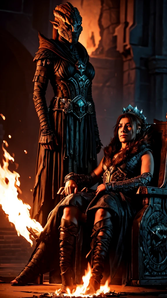 A dragonborn immobilizing a faceless. A beautifuly female next to a standing throne, while the two are literally on fire.