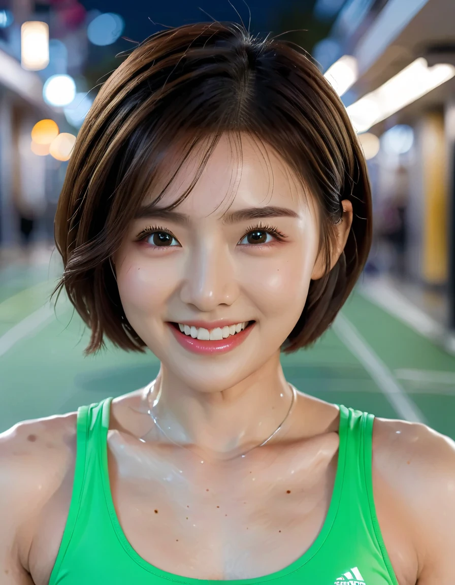  8K raw photo beauty:2.0,  short hair,,  amazing face and dark eyes ,  staring at the camera,  Upward Glance  , Big smile, Showing teeth, Kneel, （Green sportswear:1.2), Realistic:1.9,  very detailed CG 統合 8k 壁紙,  very detailed,   high resolution RAW color photo  ,  cowboy shooting alone,  professional photos, Photo shoot at the gym,  girl taken at night in a futuristic city