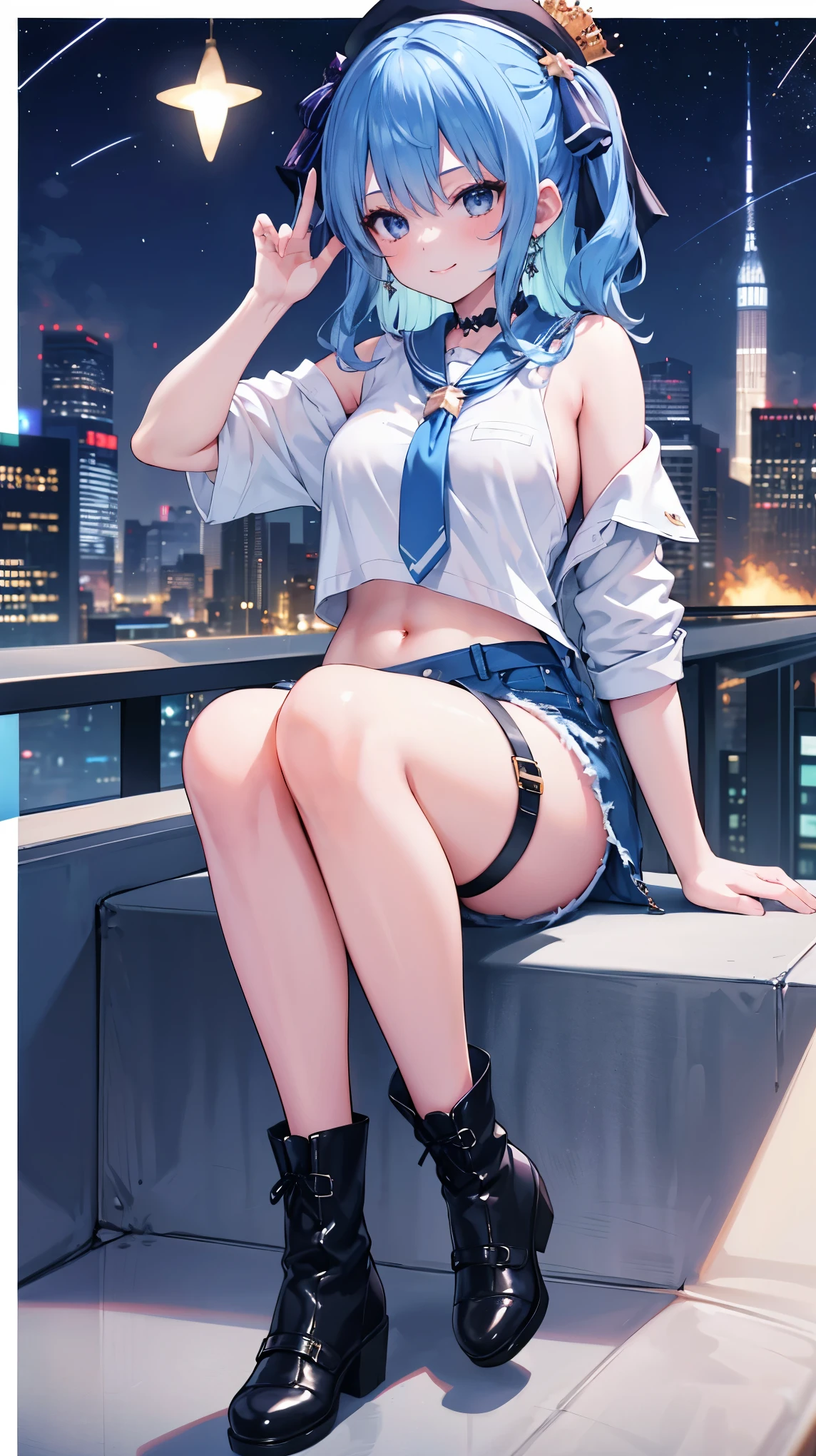 (8k、Best image quality、highest quality)、Detailed face、 1teen_girl、Blue Hair、Long Hair、sideponytail、dark_blue_eyes、smile,(peek_navel:0.7),(small_breasts:0.8),(White_T-shirt:1.3)、Off_shoulder、Black shoulder straps、(open_front_shorts,denim_short_shorts:1.2)、City Background, starry_sky_landscape ,hoshimachi suisei, (belly_button:1.2),nihil,solo,stargaze,girl_looking_up_sky,slender,solo,boots,abs, tight_waist, point_to_sky,slender_thighs,knees