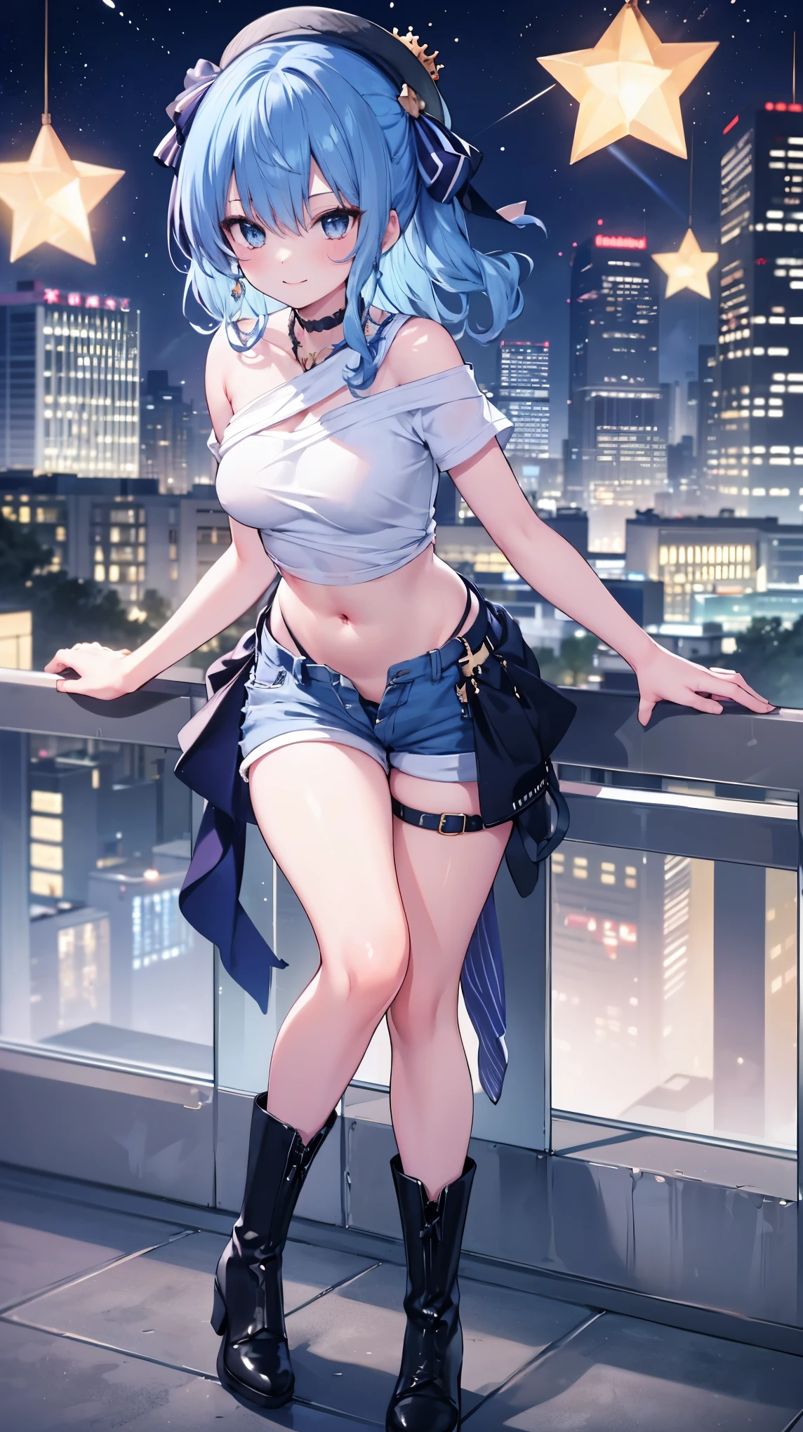 (8k、Best image quality、highest quality)、Detailed face、 1teen_girl、Blue Hair、Long Hair、sideponytail、dark_blue_eyes、smile,(peek_navel:0.7),(small_breasts:0.8),(White_T-shirt:1.3)、Off_shoulder、Black shoulder straps、(open_front_shorts,denim_short_shorts:1.2)、City Background, starry_sky_landscape ,hoshimachi suisei, (belly_button:1.2),nihil,solo,stargaze,girl_looking_up_sky,slender,solo,boots,abs, tight_waist, point_to_sky,slender_thighs,knees