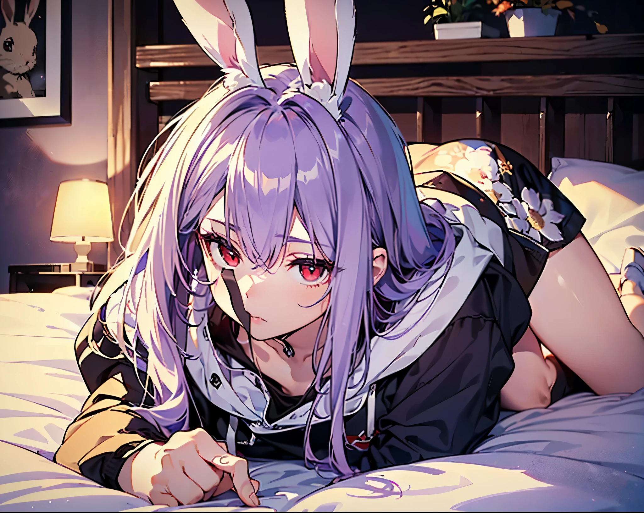 <lora:reisen:1>, 1girl, animal ears, bangs, blazer, blouse, blurry, blush, jacket, long hair, long sleeves, looking at viewer, lying, necktie, on stomach, pink skirt, pleated skirt, purple hair, rabbit ears, rabbit girl, rabbit tail, red eyes, reisen udongein inaba, shirt, skirt, smile, solo, thighhighs, very long hair, zettai ryouiki, Touhou, The Pose, fantasy, depth of field, foreshortening, feet out of frame