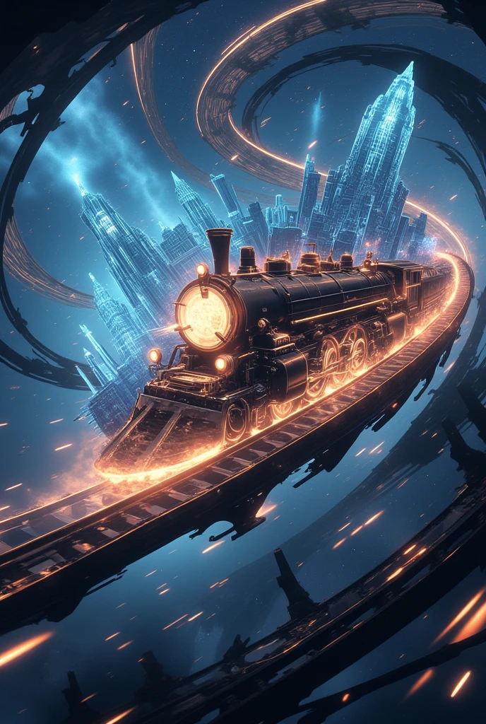 science-fiction, realistic. glowing shadow of steam-punk train flying in the cosmic space very spirally and dinamically and breaking crashing many layers of the dimension, with many beautiful light trails spiraling. many historical landmarks in the world are displayed in the air as projection mapping. motion blur.very dynamic scene.niji style