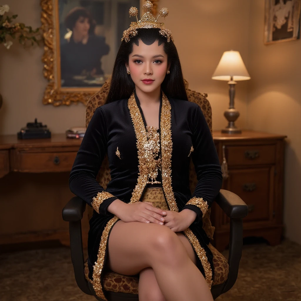 Mature milf queen wearing hijab, wearing tiara, busty beautiful dropy breasts, wearing mini corset, leather high heel boots, wearing shawl dropped down to her arms, sitting on a big throne in a throne room, sweaty very shiny very oily cleavage and breasts, making a horny face expression, exposing left hairy armpit, fullbody shot