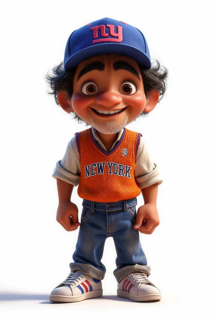 50 year old African bald male character with a white goatee, chibi, no side facial hair, and eyes, wearing a New York Giants cap, a New York Knicks jersey, with a white long sleeved shirt underneath, denim jeans, Adidas Superstars sneakers, smiling, upper body, drawn to look like Piccolo from Dragon Ball Z
