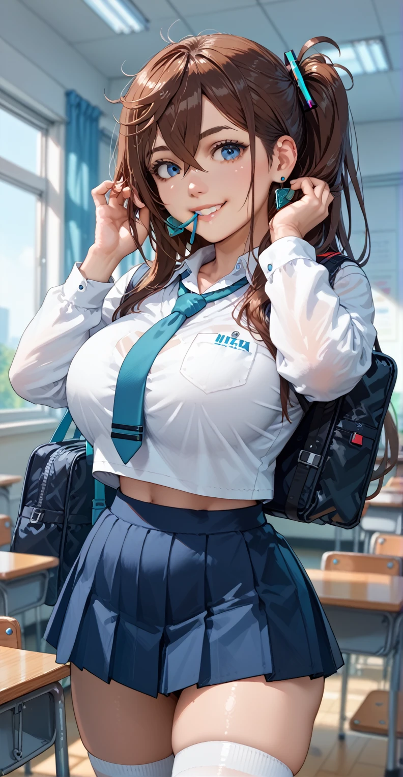 Tall girl, Fit girl,score_9, score_8_up, score_7_up, score_6_up, uncensored, 1girl, miku nakano, long hair, bangs, blue eyes, brown hair, shirt, hair between eyes, huge breasts, sailor outfit, school_uniform, Tie, white stockings, smile, close mouth, Tying up hair, Biting hair tie, background in classroom, standing, crop clothes